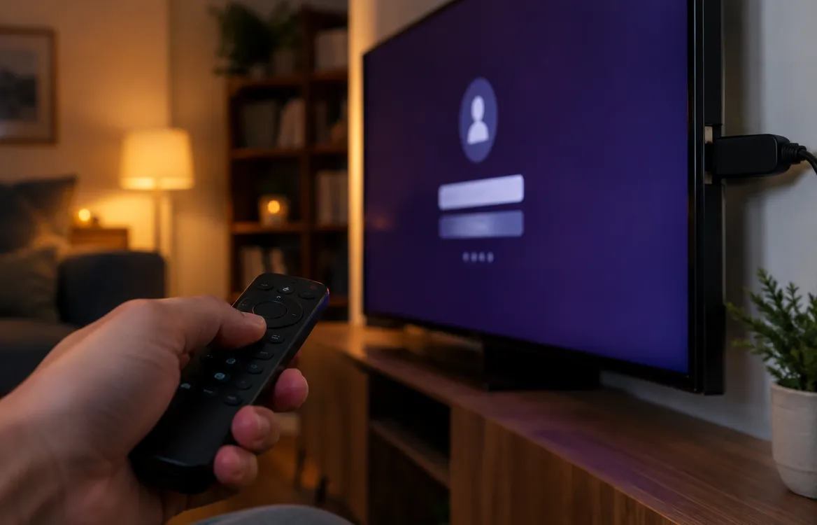Télécommande pointée vers une TV affichant l’écran de connexion d’une application IPTV