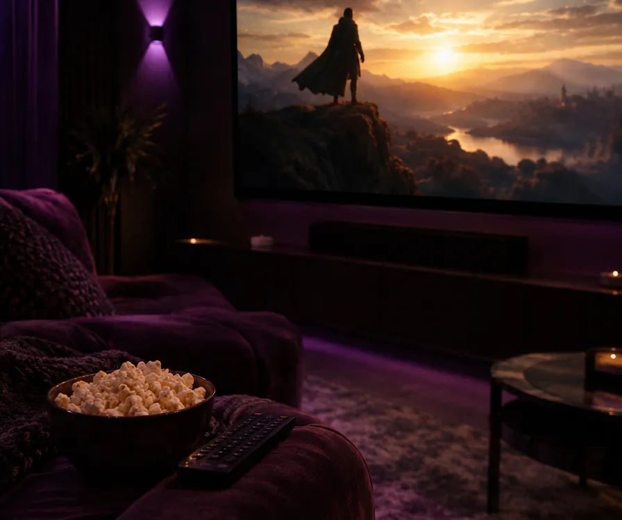 Home cinéma avec une grande TV affichant une scène de film au coucher du soleil