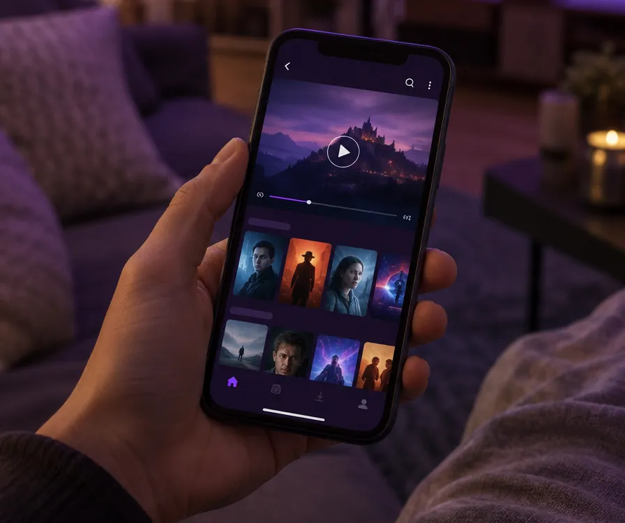 Smartphone affichant une application IPTV avec une vidéothèque de films sur un canapé