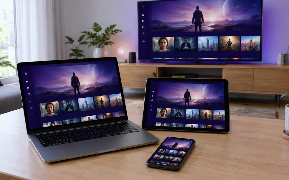Ordinateur, tablette, smartphone et TV affichant la même interface IPTV sur une table