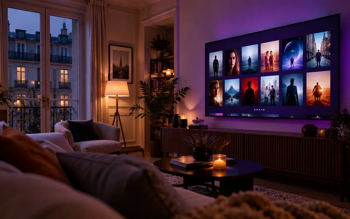 Salon le soir avec une grande TV affichant l'interface IPTV et une sélection de films