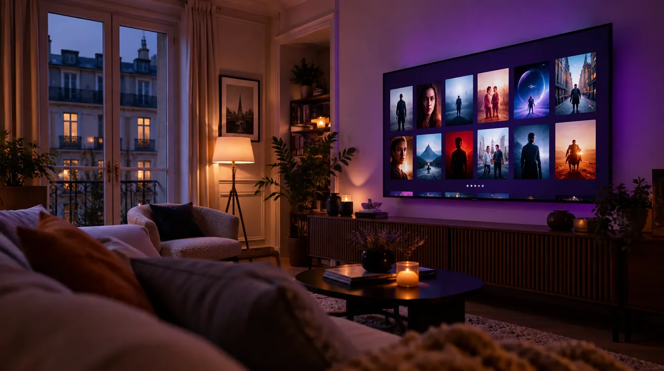 Salon le soir avec une Smart TV affichant l'interface IPTV Plum et ses films à la demande
