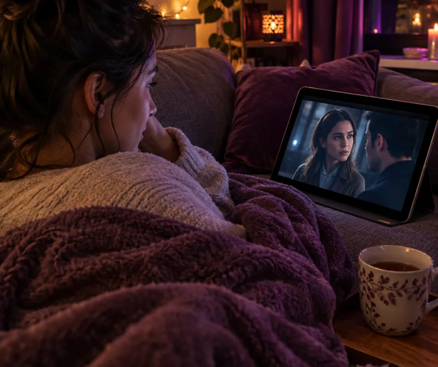 Femme sous un plaid regardant une série sur une tablette le soir