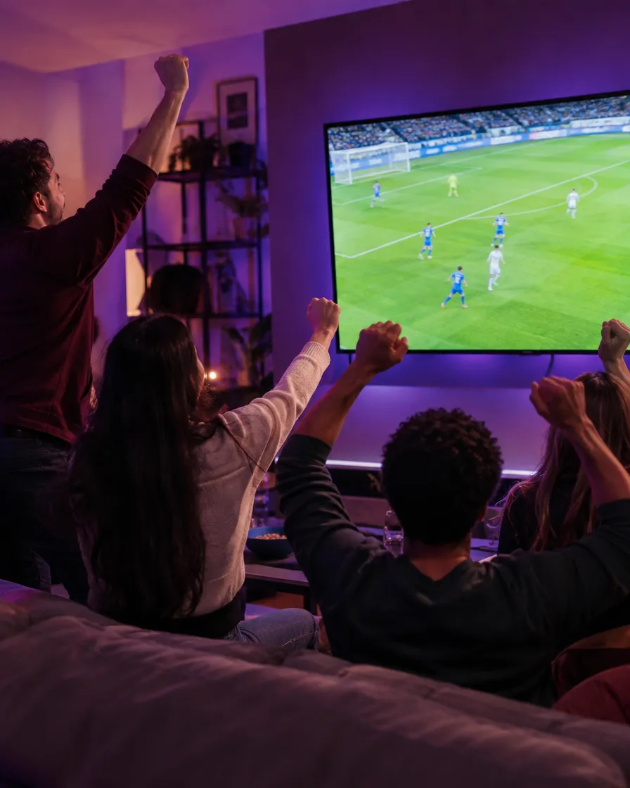 Amis célébrant un but devant un match de football diffusé en direct sur une grande TV